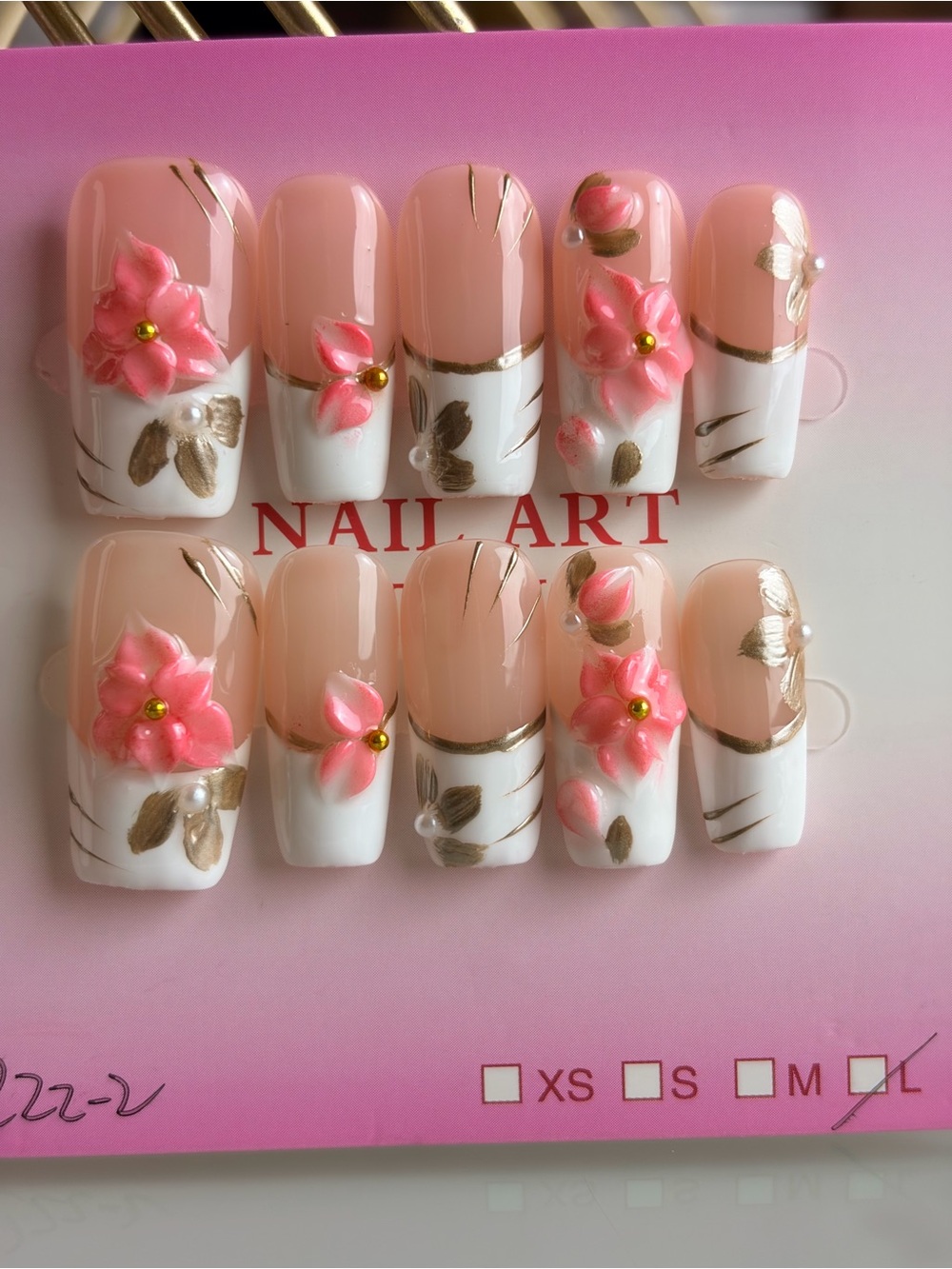 NAIL ART Pink Floral Press-On Nail Set -Large